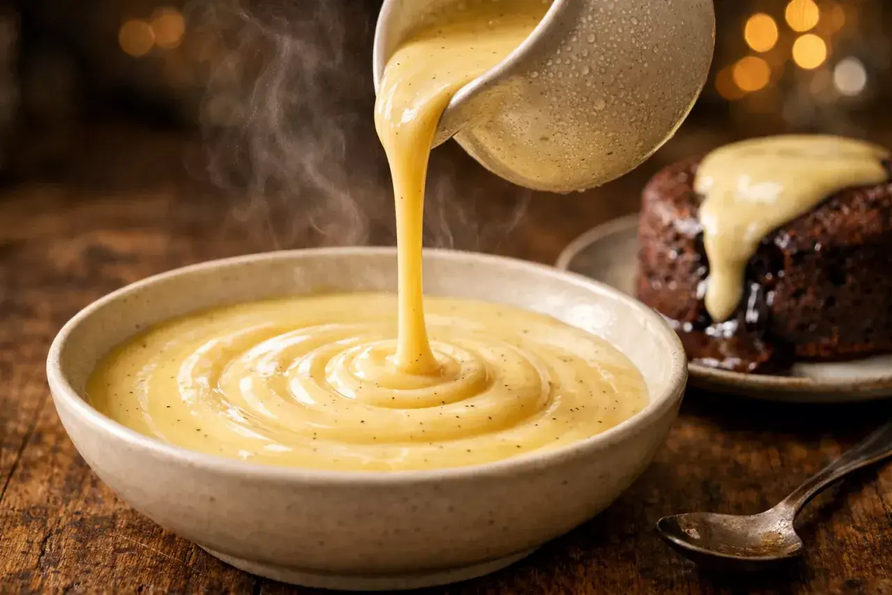Une sauce crémeuse et fumante, une crème anglaise, est versée dans un bol. Un petit gâteau au chocolat dégouline de cette sauce.