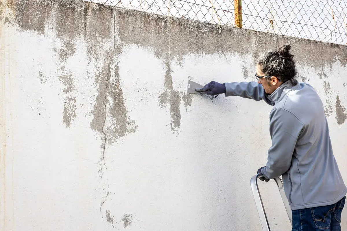 Hombre raspa pared desconchada, preparándola para pintura alquitranada.
