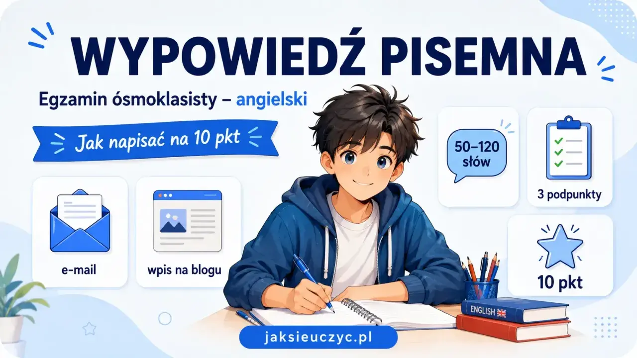 Chłopiec pisze wypracowanie po angielsku na egzamin ósmoklasisty. Poradnik pokazuje, jak zdobyć 10 punktów za e-mail lub wpis na blogu.
