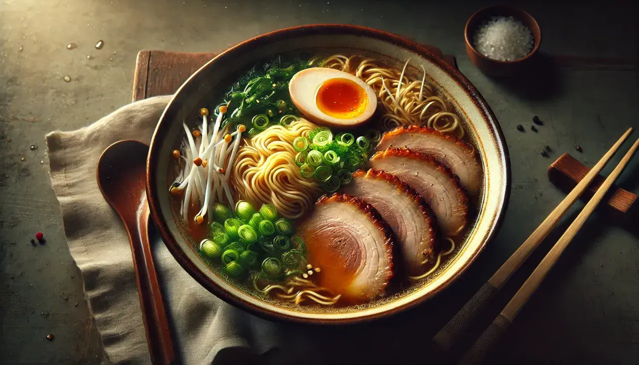 Apetyczny ramen z makaronem, plastrami wieprzowiny, jajkiem i szczypiorkiem. Idealne dodatki do ramenu, by wzbogacić smak.