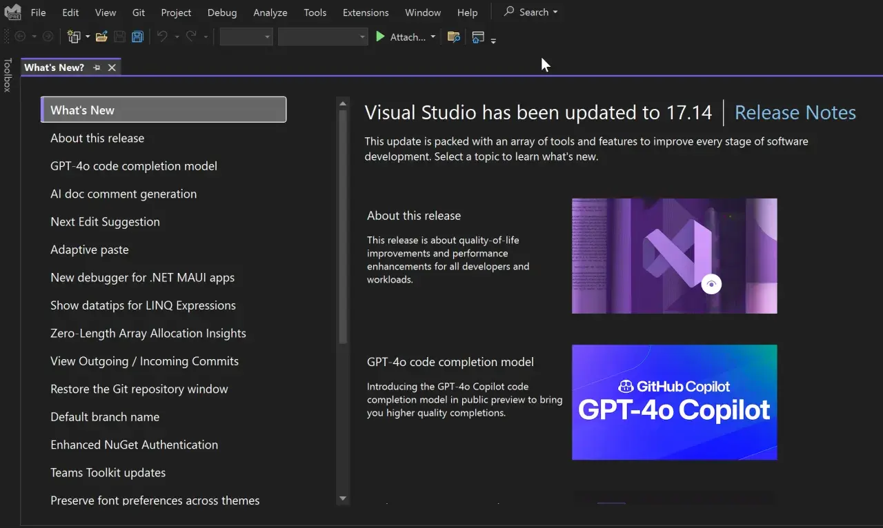 Visual Studio 2022: Update 17.14 mit GPT-4o Copilot für bessere Code-Vervollständigung.