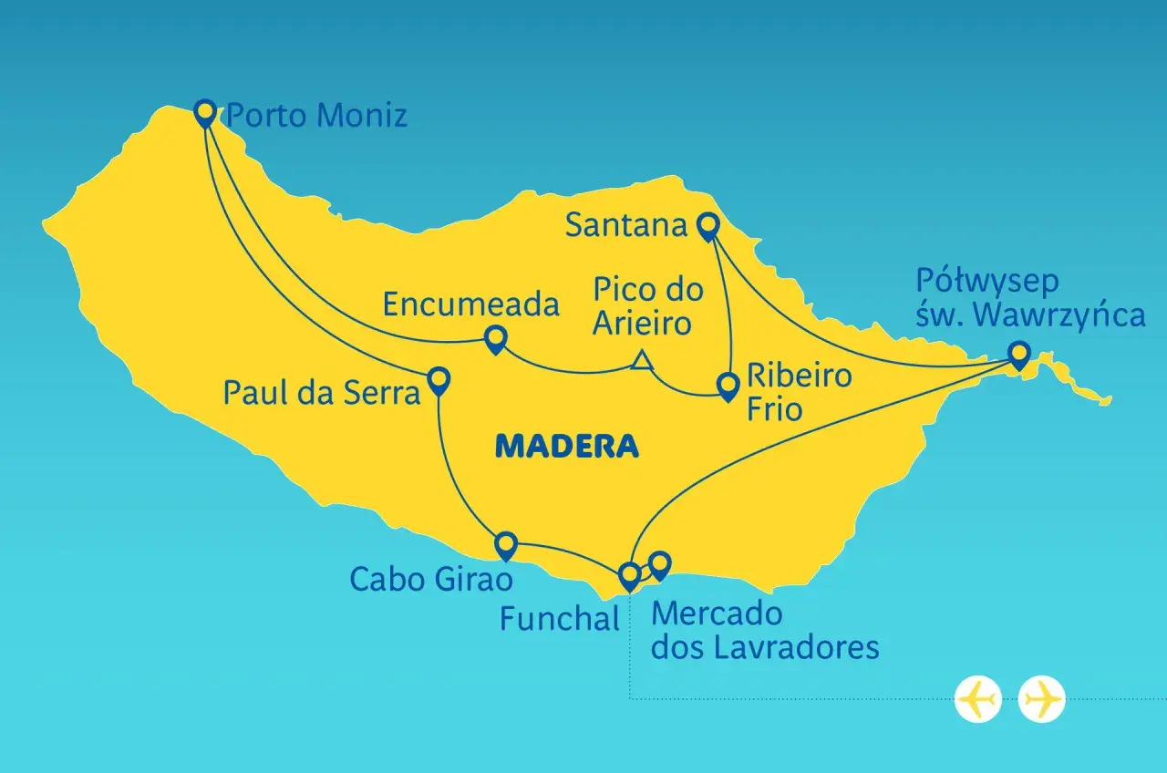 Mapa Madery z zaznaczonymi trasami i miejscami: Porto Moniz, Santana, Funchal. Madera leży na oceanie.