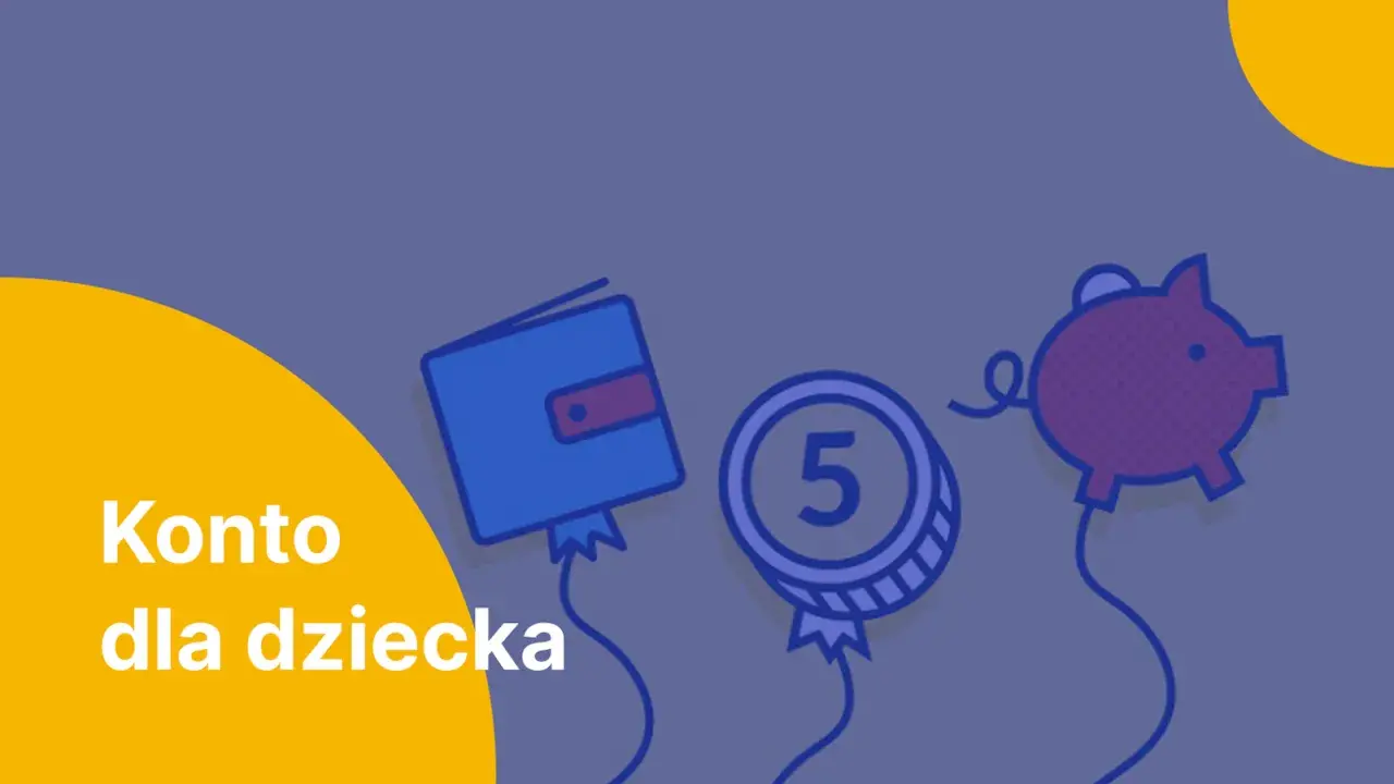Konto dla dziecka: jak założyć, by oszczędzać na przyszłość. Grafika z portfelem, monetą i świnką-skarbonką.
