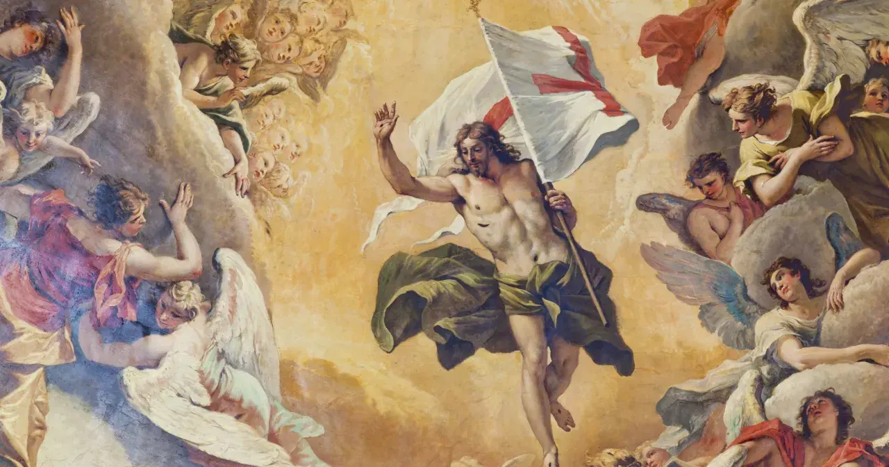 Jezus, wskrzeszony przez Jezusa, triumfalnie unosi sztandar z krzyżem, otoczony przez chóry aniołów.