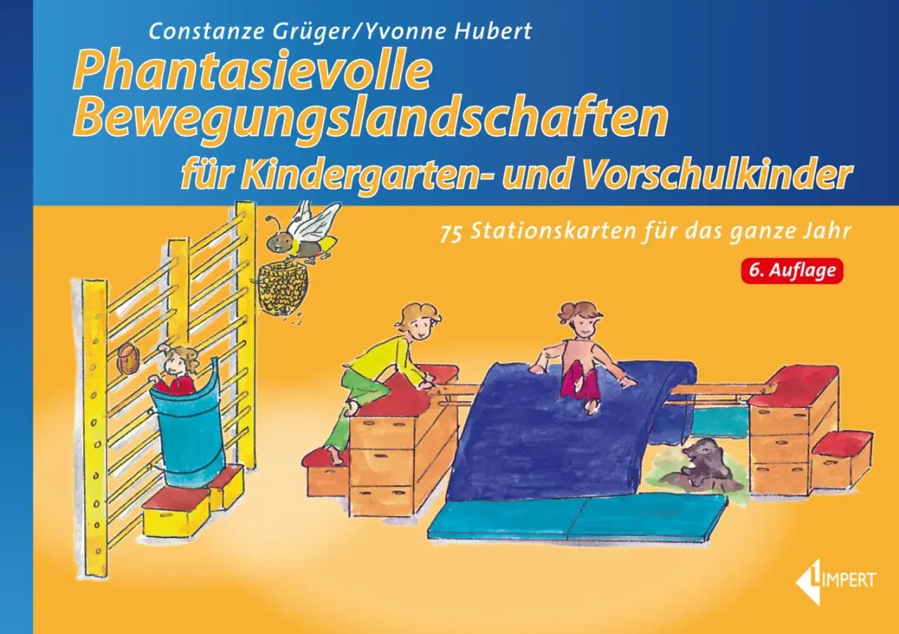 Kinder erkunden eine fantasievolle Bewegungslandschaft im Kindergarten. Bienen und ein Bär sind Teil des Spiels.
