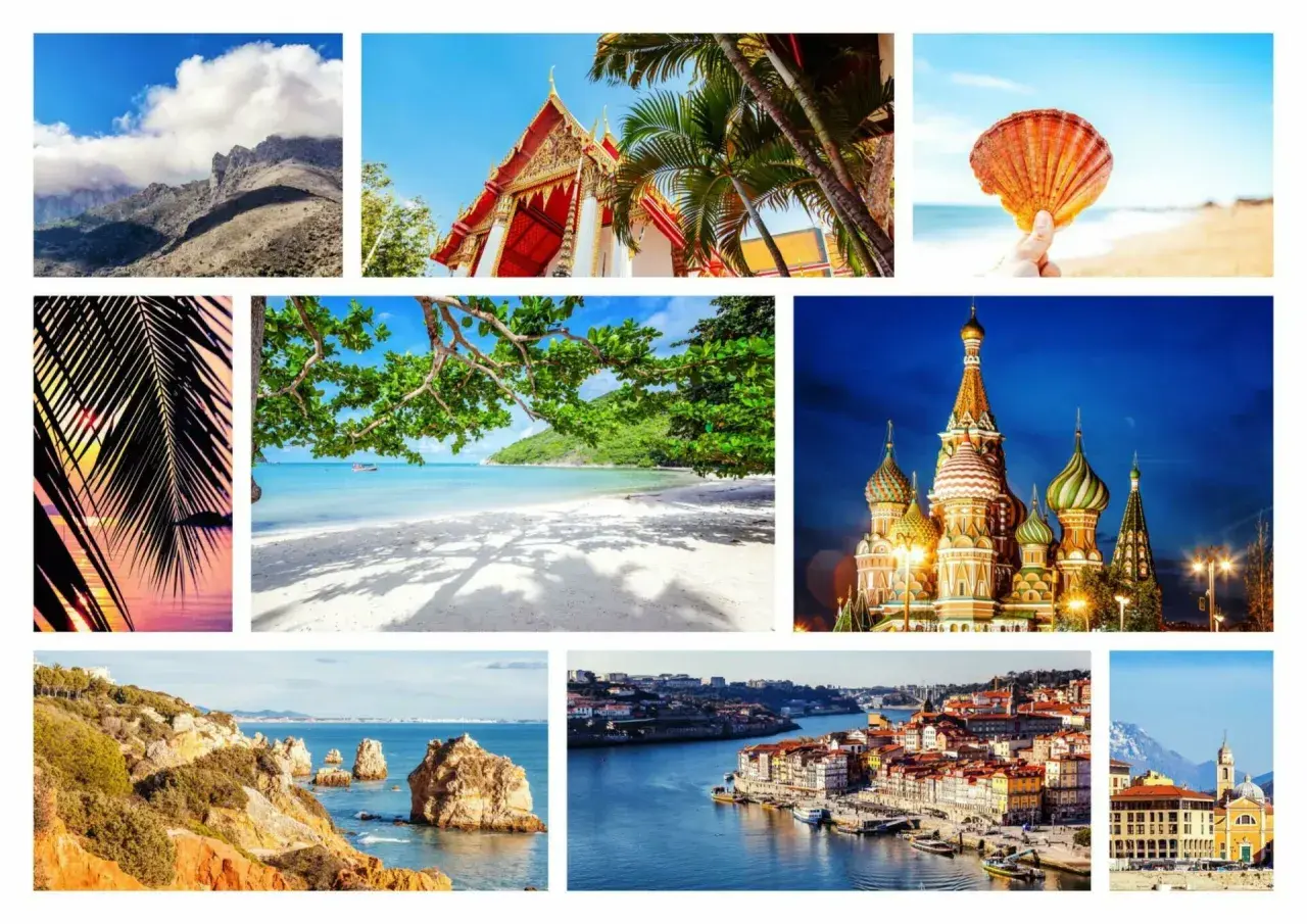 Montagnes, temple thaï, coquillage, plage tropicale, palais russe, falaises portugaises, ville portugaise, église italienne. Le plus beau voyage du monde.