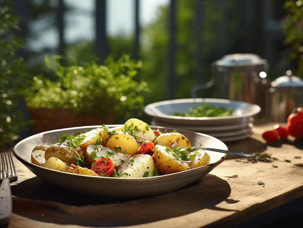 En skål med fransk potatissallad, toppad med färska örter och körsbärstomater, står på ett träbord utomhus.