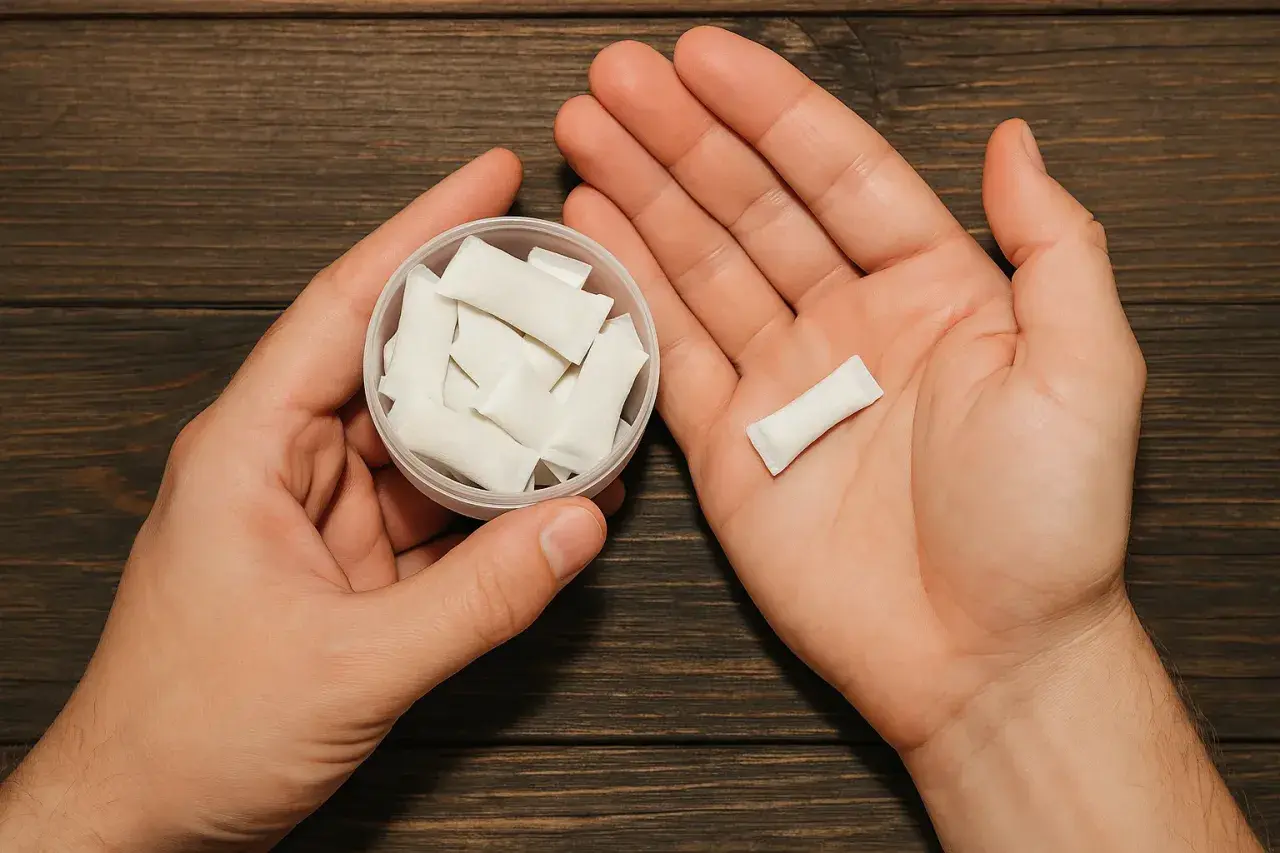 Dłonie trzymające pojemnik z białymi woreczkami nikotynowymi i jeden woreczek w dłoni. Czy snus jest legalny w Polsce?