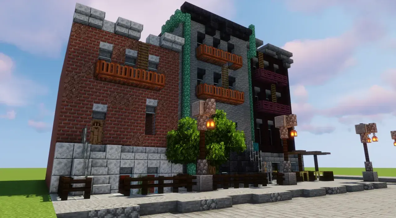 Budynki w stylu Minecraft, z cegły i kamienia, z balkonami i latarniami. Wspaniały przykład architectury mod.
