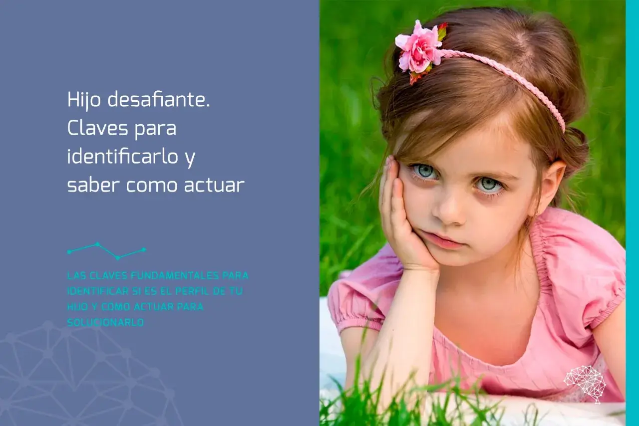 Niña con una diadema de flores y una expresión de **actitud desafiante**, apoyada en su mano. El texto habla de hijos desafiantes.