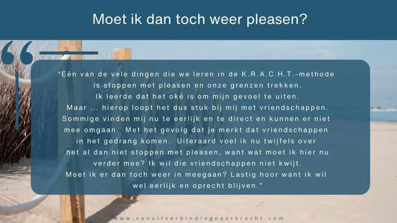 Tekst over stoppen met pleasen, met een strand op de achtergrond. De vraag is: "Moet ik dan toch weer pleasen?