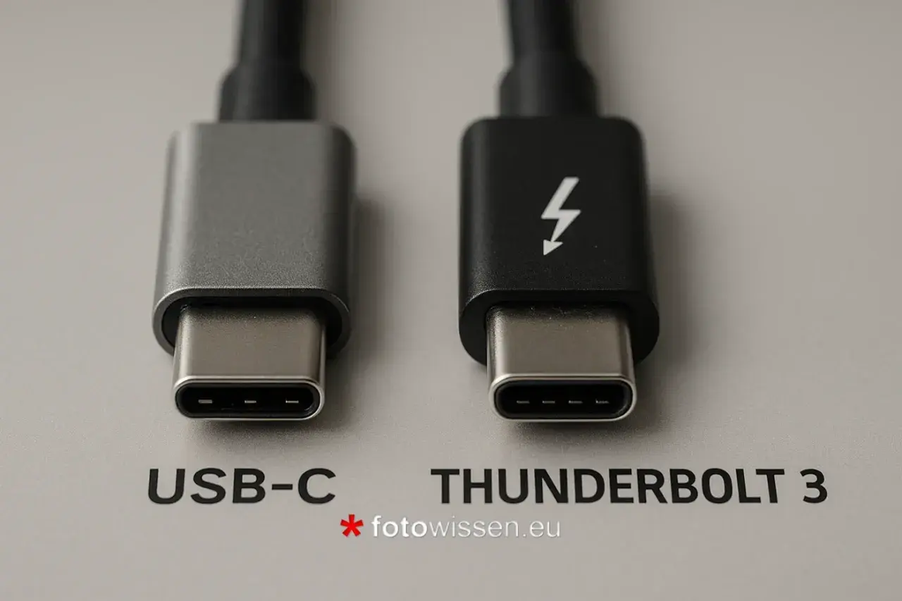 Zwei USB-C-Kabel, eines mit Blitzsymbol (Thunderbolt 3) für schnelle externe Festplatte anschluss, daneben ein Standard-USB-C-Kabel.
