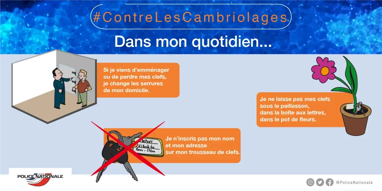 Pour comment éviter les cambriolages : changez les serrures si vous emménagez ou perdez vos clés. Ne laissez jamais vos clés dehors.