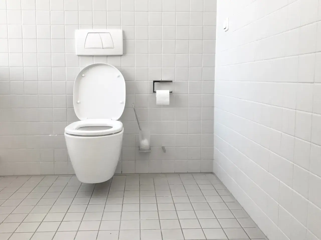 Bagno bianco con WC aperto. Si nota una piccola macchia d'acqua sul pavimento, forse il galleggiante wc perde acqua.