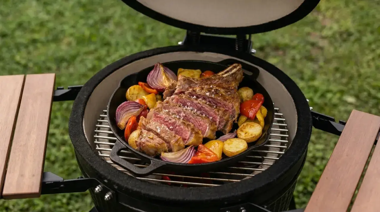 Côte de bœuf savoureuse et légumes rôtis dans un kamado. Un délice à partager !