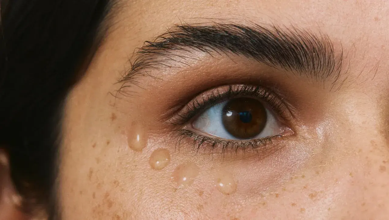 Nahaufnahme eines Auges mit Sommersprossen und Tropfen eines Serums, die die Haut darunter erfrischen. Selbst leichte **Schatten unter den Augen** können so verschwinden.
