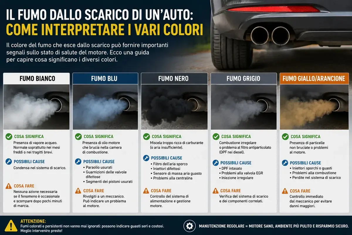 Guida ai colori del fumo dallo scarico: bianco (vapore), blu (olio), nero (carburante), grigio (combustione irregolare), giallo/arancione (particelle). Il gas di scarico rivela la salute del motore.