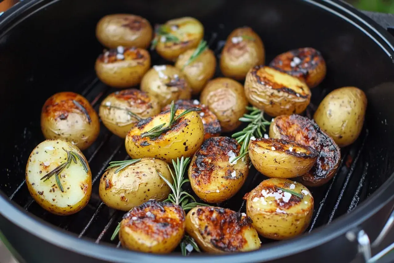 Saftige Rosmarinkartoffeln mit grobem Salz auf einem Grillrost. Die Kartoffeln sind goldbraun und leicht angekohlt, mit frischen Rosmarinzweigen dazwischen.