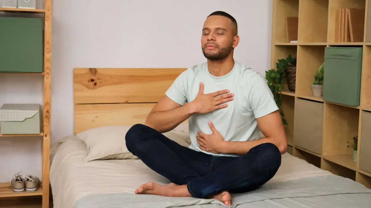 Man meditating on bed, practicing a breathing exercise to fall asleep in 60 seconds.