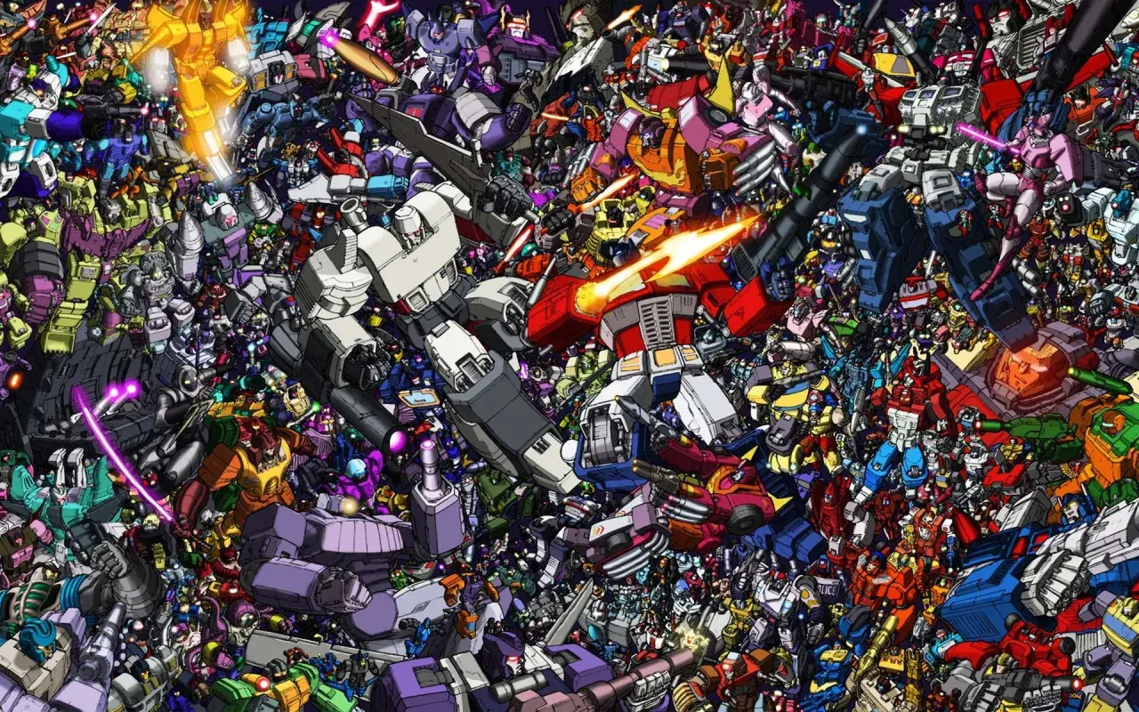 Tysiące robotów z różnych części Transformers walczą w epickiej bitwie.