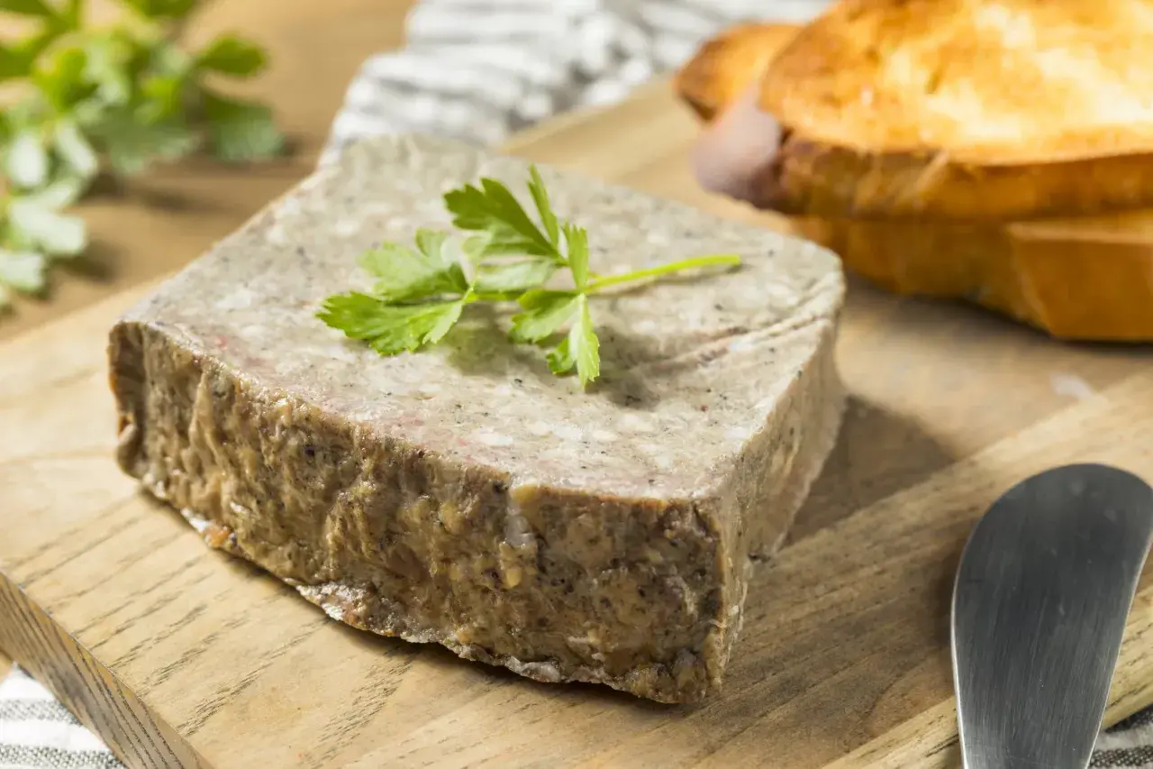Un bloc de pâté rustique, garni de persil frais, prêt à être tartiné sur des toasts grillés. Un assaisonnement pâté parfait pour un apéritif gourmand.