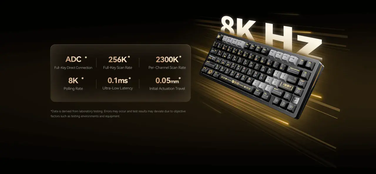 Gaming-Tastatur mit 8KHz Polling Rate, ADC und 0,1ms Latenz. Ein flash converter für schnelle Reaktionen.