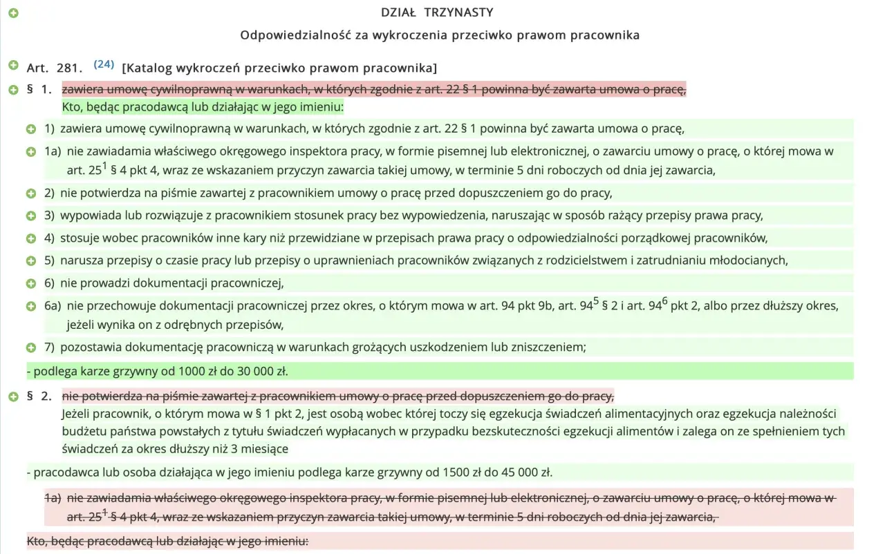 Fragment tekstu prawnego dotyczący odpowiedzialności za wykroczenia przeciwko prawom pracownika.