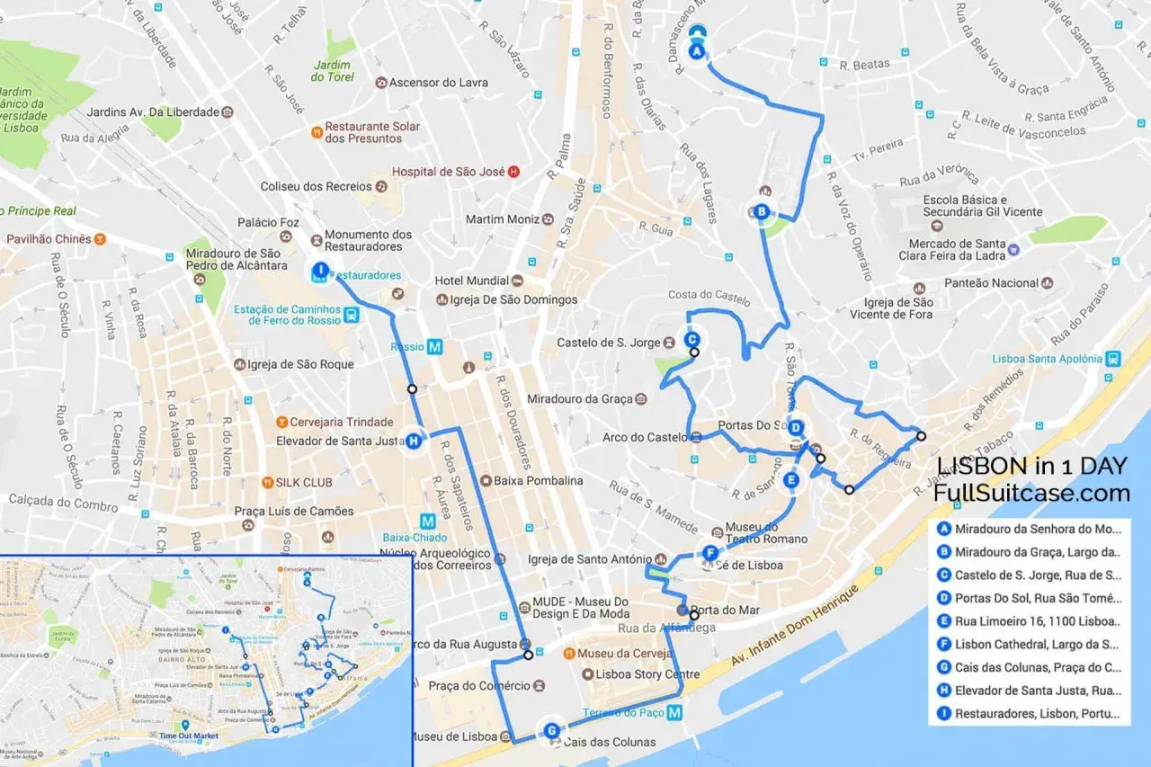 Map showing a walking route for what to do in Lisbon for a day, hitting key landmarks like São Jorge Castle and viewpoints.