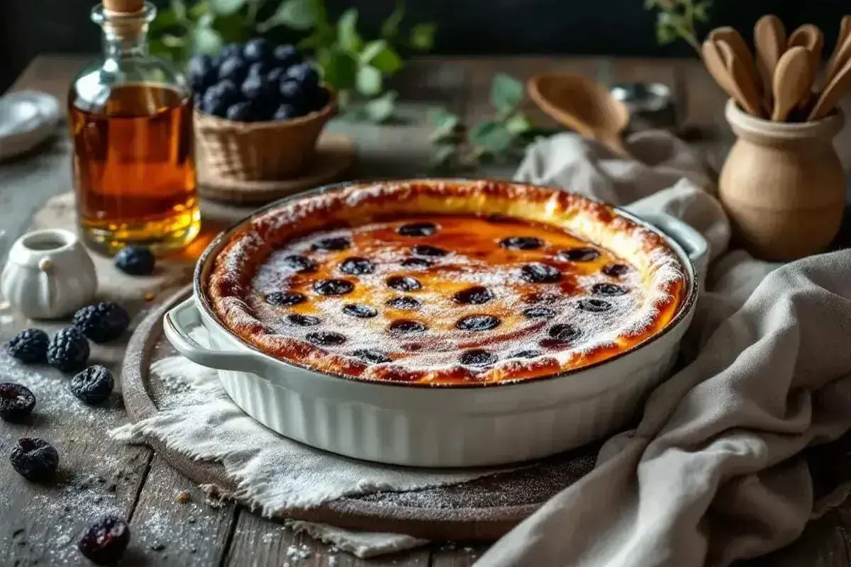 Un délicieux far breton aux myrtilles, façon Cyril Lignac, saupoudré de sucre glace. Une gourmandise à savourer.