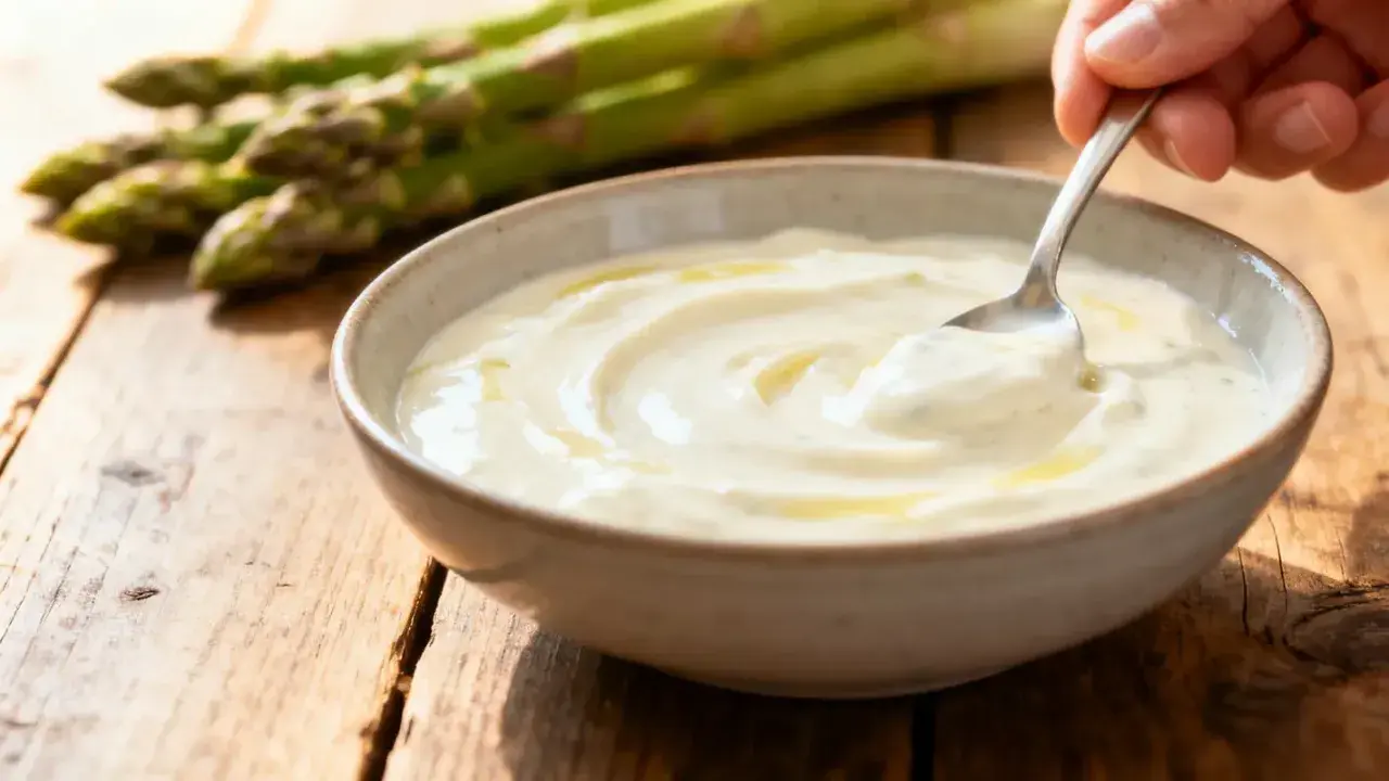 Un bol de sauce hollandaise légère, onctueuse et dorée, avec des asperges vertes floues en arrière-plan sur une table en bois.