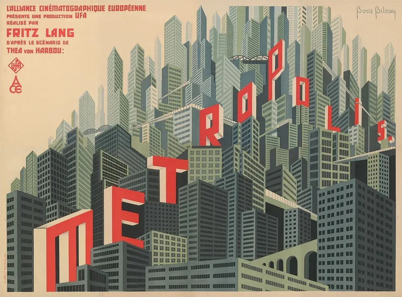 Poster di Metropolis, un film di Fritz Lang. La città futuristica è rappresentata con grattacieli imponenti, un esempio di diversi tipi di film in inglese.