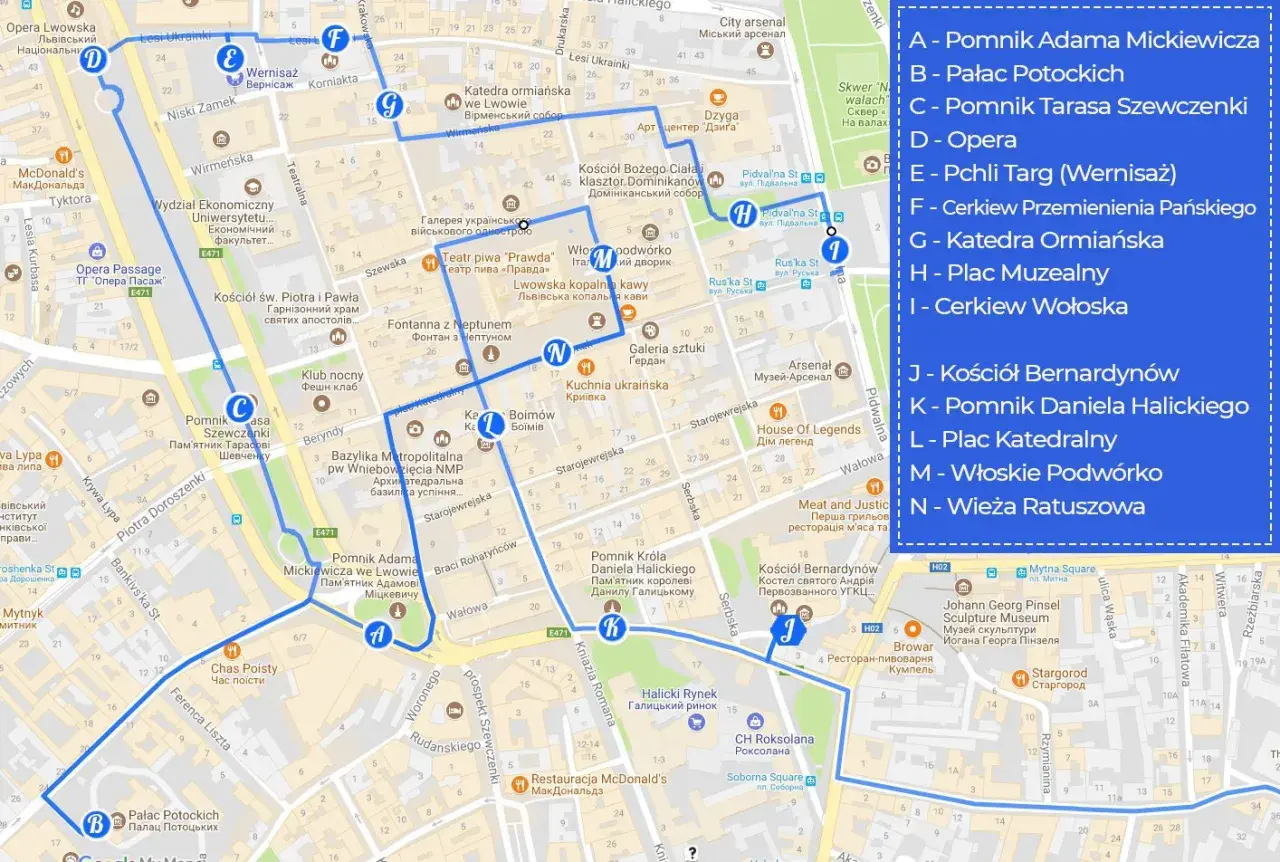 Mapa Lwowa z zaznaczoną trasą turystyczną, obejmującą atrakcje takie jak Opera Lwowska, Plac Potockich, Katedra Ormiańska i Wieża Ratuszowa.