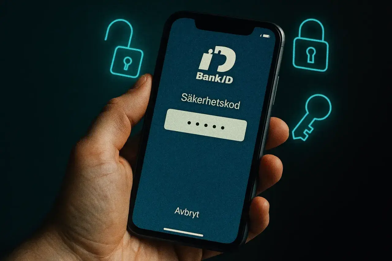 En hand håller en mobil med BankID-appens inloggningsskärm. Frågan "hur många BankID kan man ha" dyker upp i tankarna när man ser symboler för säkerhet.