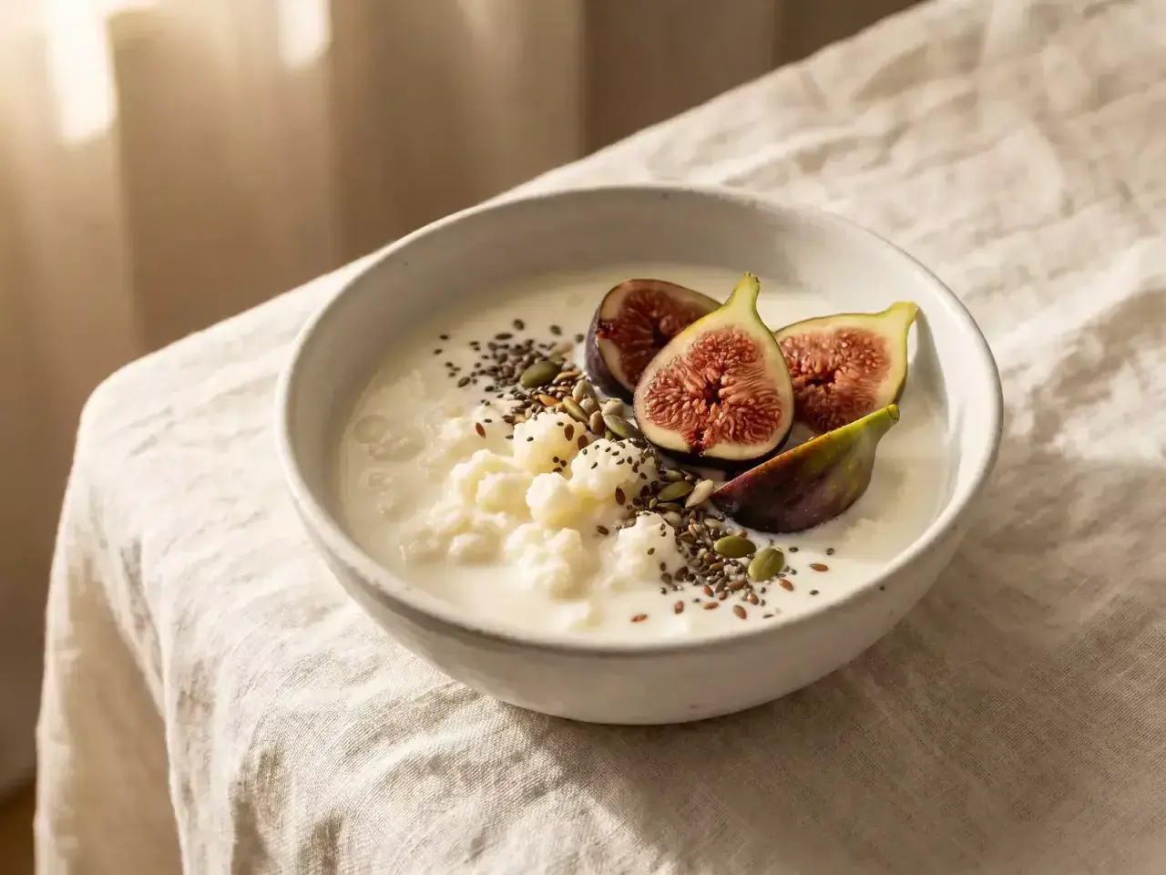 Un tazón de kéfir cremoso con higos frescos y semillas. ¡Una delicia que algunos creen que el kéfir engorda!
