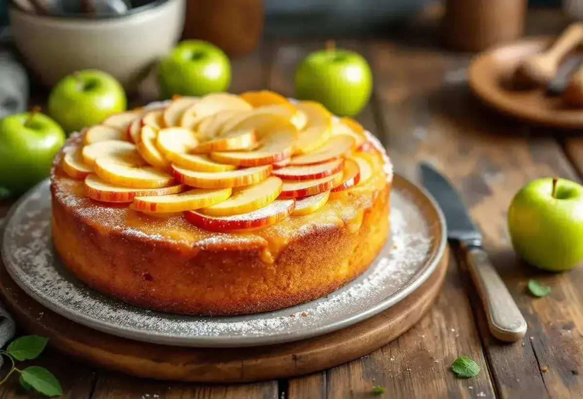 Un délicieux moelleux aux pommes, garni de fines tranches de pommes fraîches, saupoudré de sucre glace. Des pommes vertes entières et une petite feuille de menthe complètent cette scène gourmande.