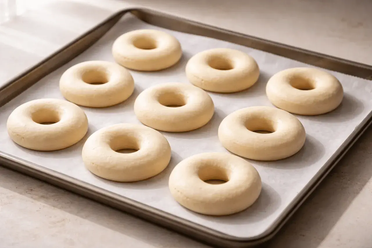 Nueve donuts caseros crudos en una bandeja para hornear, listos para ser horneados y decorados.