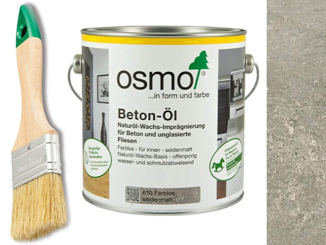 Pędzel i puszka z olejem do betonu Osmo. Ten impregnat chroni powierzchnie betonowe i płytki.
