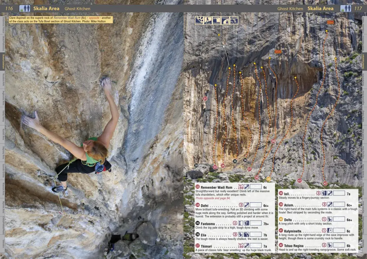 Wspinanie na Kalymnos: Clare Aspinall na drodze Remember Wadi Rum (6c) w Ghost Kitchen. Spektakularne tufa wspinanie.