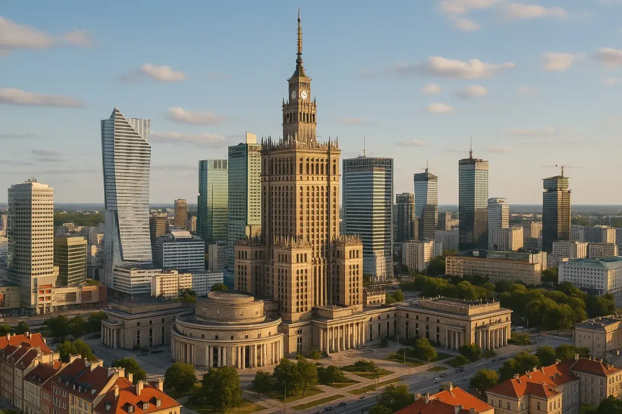 Warszawski Pałac Kultury i Nauki i nowoczesne wieżowce. Idealne miejsce, by odkrywać co robić samemu w Warszawie.
