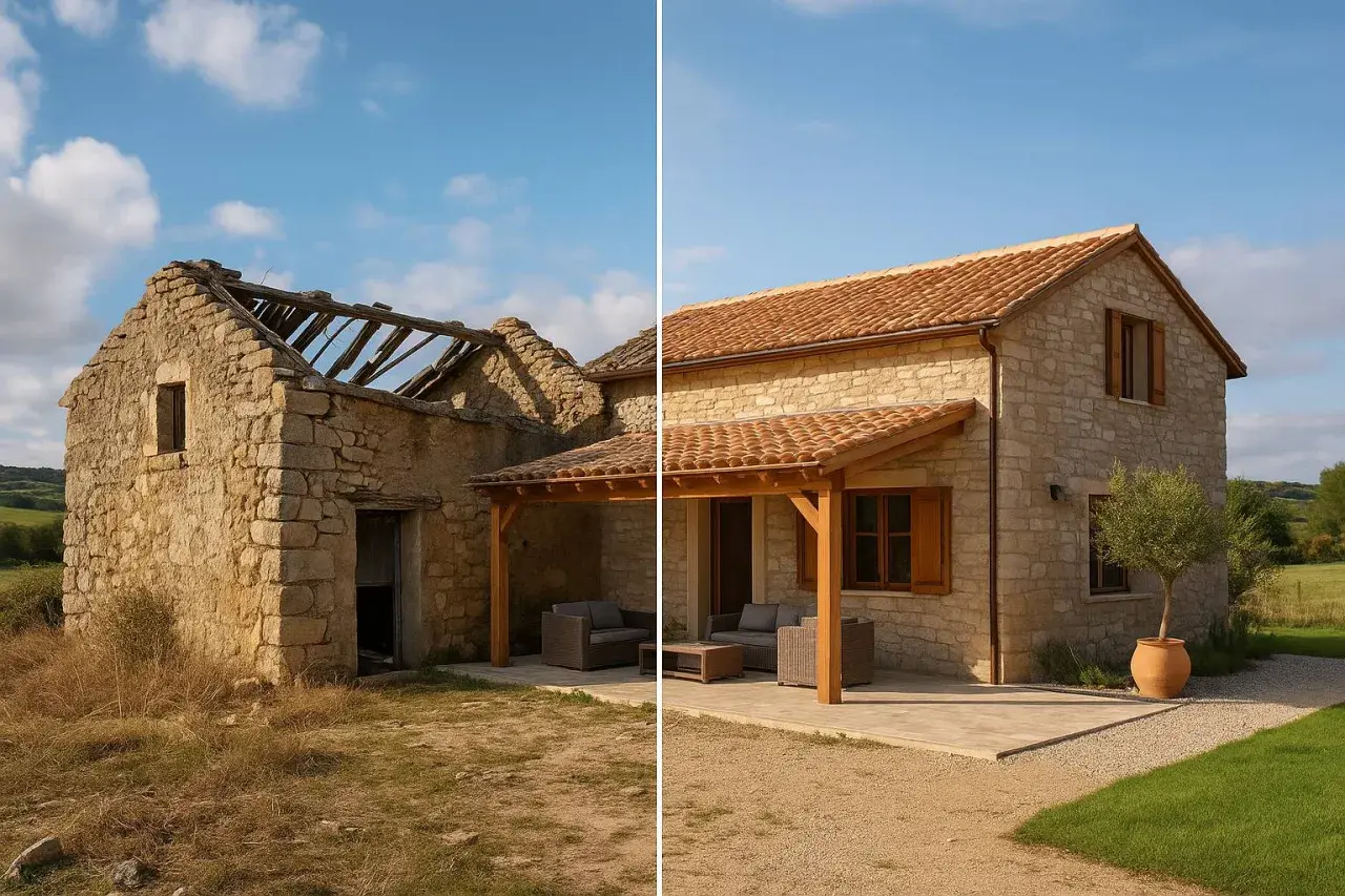 Prima e dopo: una casa di campagna in rovina trasformata in un'abitazione accogliente con tetto nuovo e portico.