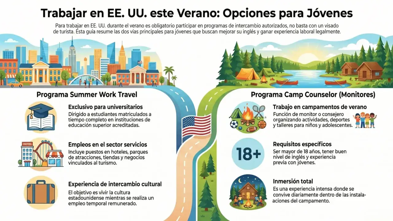 Jóvenes pueden estudiar y trabajar en Estados Unidos este verano. Dos opciones: Summer Work Travel para universitarios y Camp Counselor para monitores.