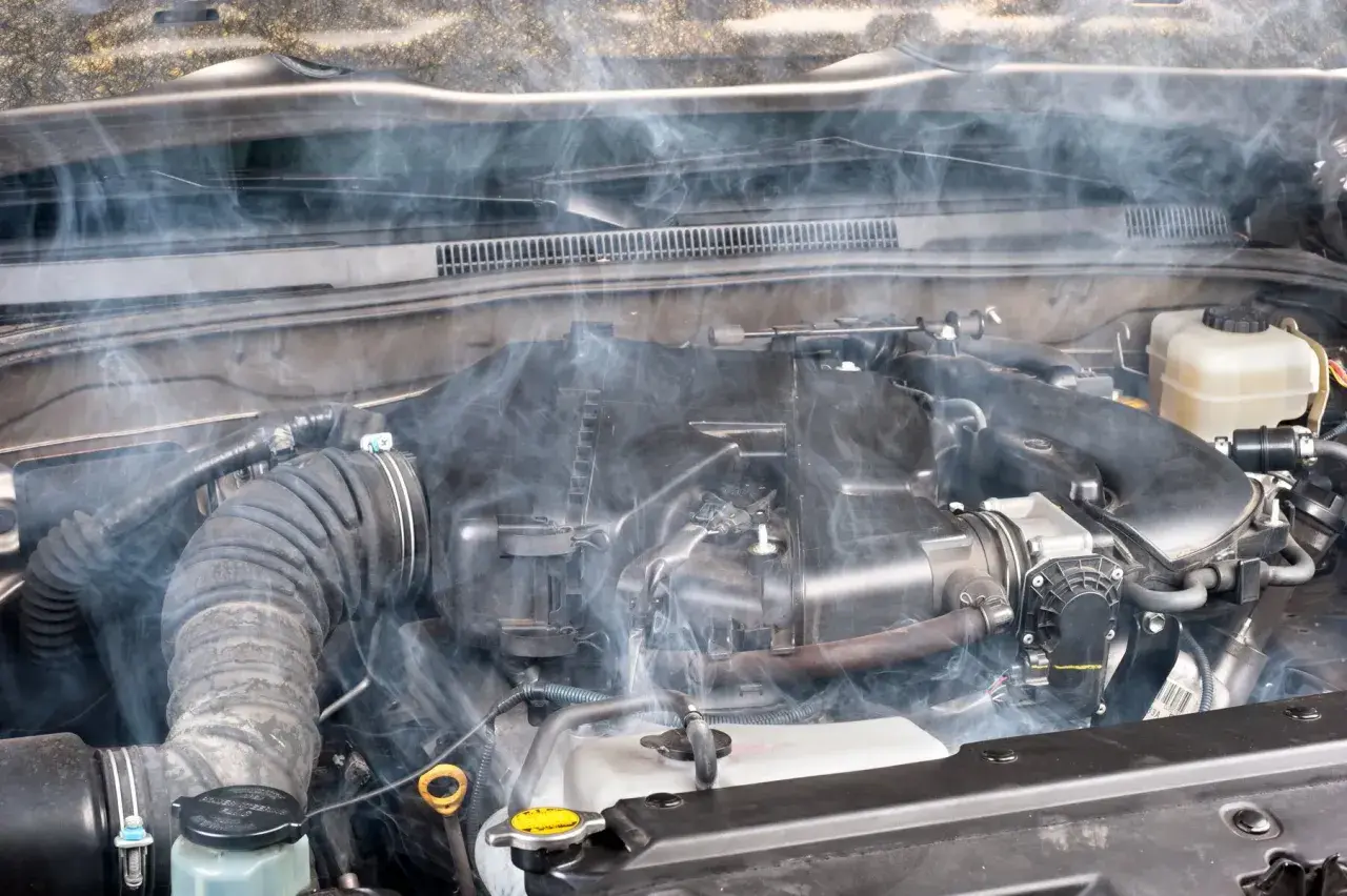 Humo blanco emana del motor de un coche, indicando posible agua en el motor.
