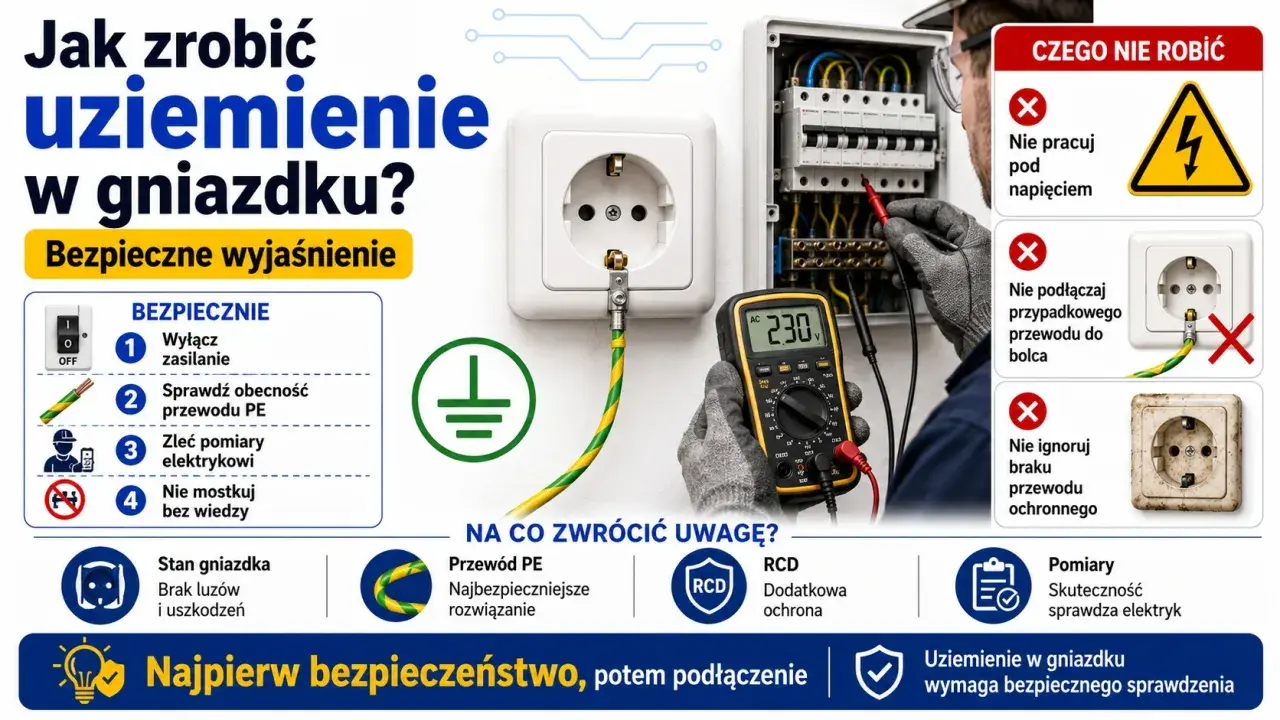 Instrukcja bezpiecznego wykonania uziemienia w gniazdku. Sprawdź przewód PE, wyłącz zasilanie i nie ignoruj braku uziemienia.