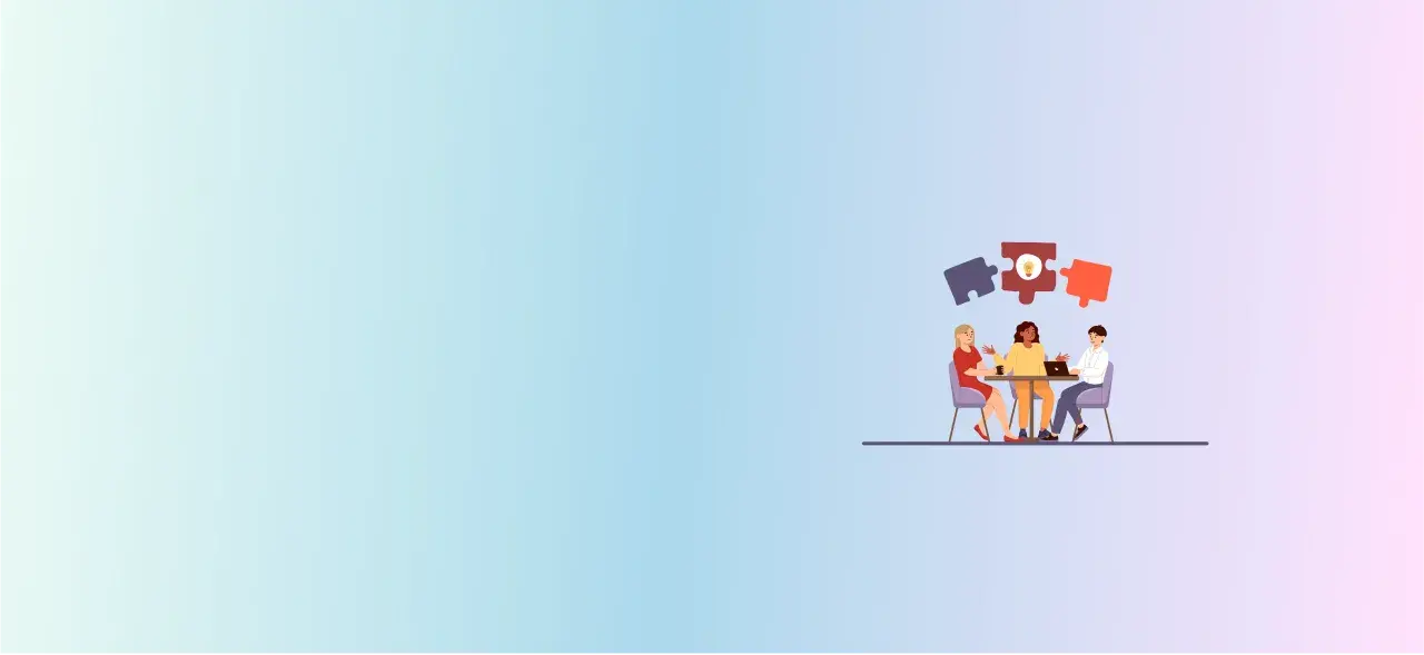 Three people collaborate around a table, with puzzle pieces symbolizing teamwork and a bright idea. This image represents the collaborative effort needed to achieve a government degree.