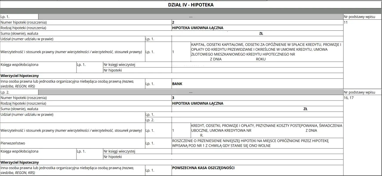 Fragment dokumentu z wpisami dotyczącymi hipotek umownych, z polami na numery, rodzaje i sumy hipotek.