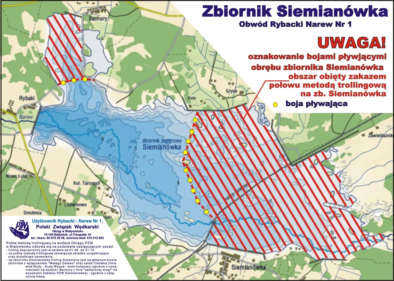 Mapa zbiornika Siemianówka z zaznaczonym obszarem zakazu trollingu. Obwód Rybacki Narew Nr 1 PZW Ujazd.