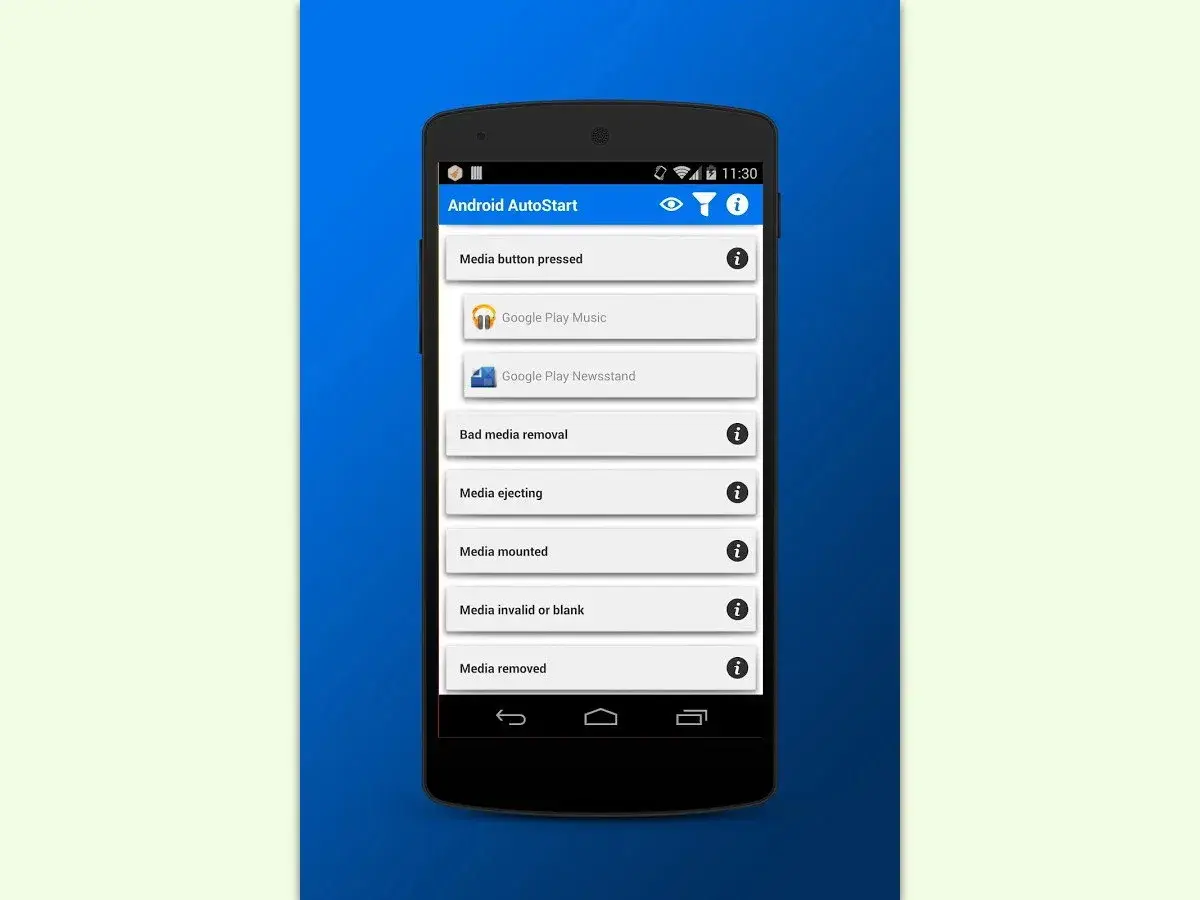 Android AutoStart-App zeigt Optionen für Medienereignisse und Apps wie Google Play Music. Verwalten Sie Ihre **Apps und Daten** für eine reibungslose Android-Nutzung.