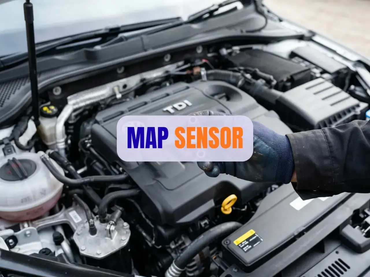 Ręka w rękawiczce wskazuje na silnik TDI, gdzie widoczny jest napis "MAP SENSOR". Poznaj objawy awarii tego kluczowego elementu.