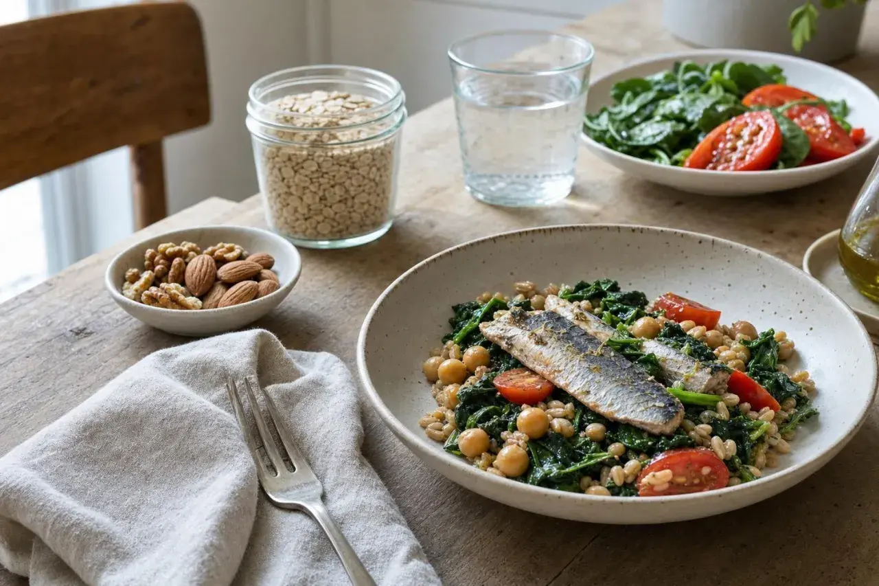 Piatto salutare con pesce, verdure e cereali: un'ottima idea su cosa mangiare con il colesterolo alto. Noci e fiocchi d'avena completano il pasto.