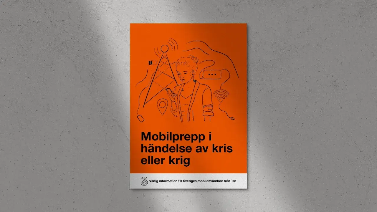 En illustration av en kvinna med mobiltelefon, omgiven av symboler för kommunikation och teknik. Texten "Mobilprepp i händelse av kris eller krig" antyder en beredskapsplan mall.